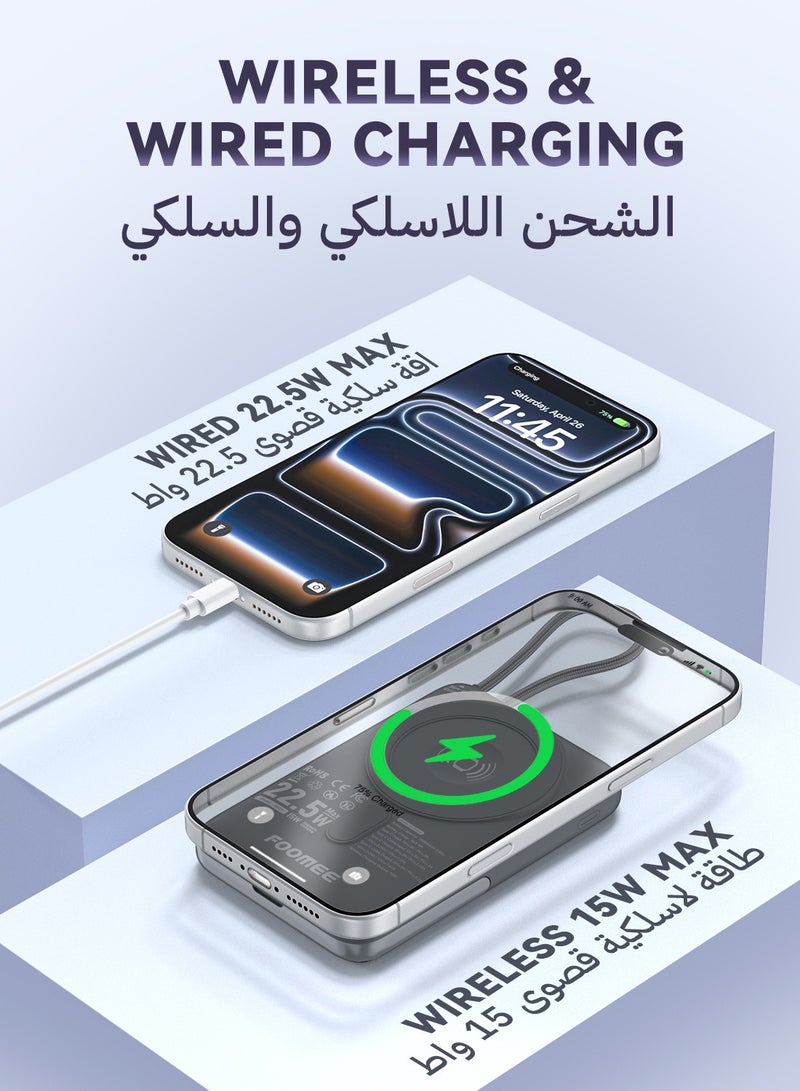 FOOMEE 10,000 mAh Magnetic Wireless Portable Power Bank for iPhone with Stand, LED Display,with USB-C Integrated Cable,15W Magnetic Wireless Fast Charging, Compatible with iPhone 17promax/16pro/16/15/14/13/12 Series, Samsung, and Xiaomi - Image 3