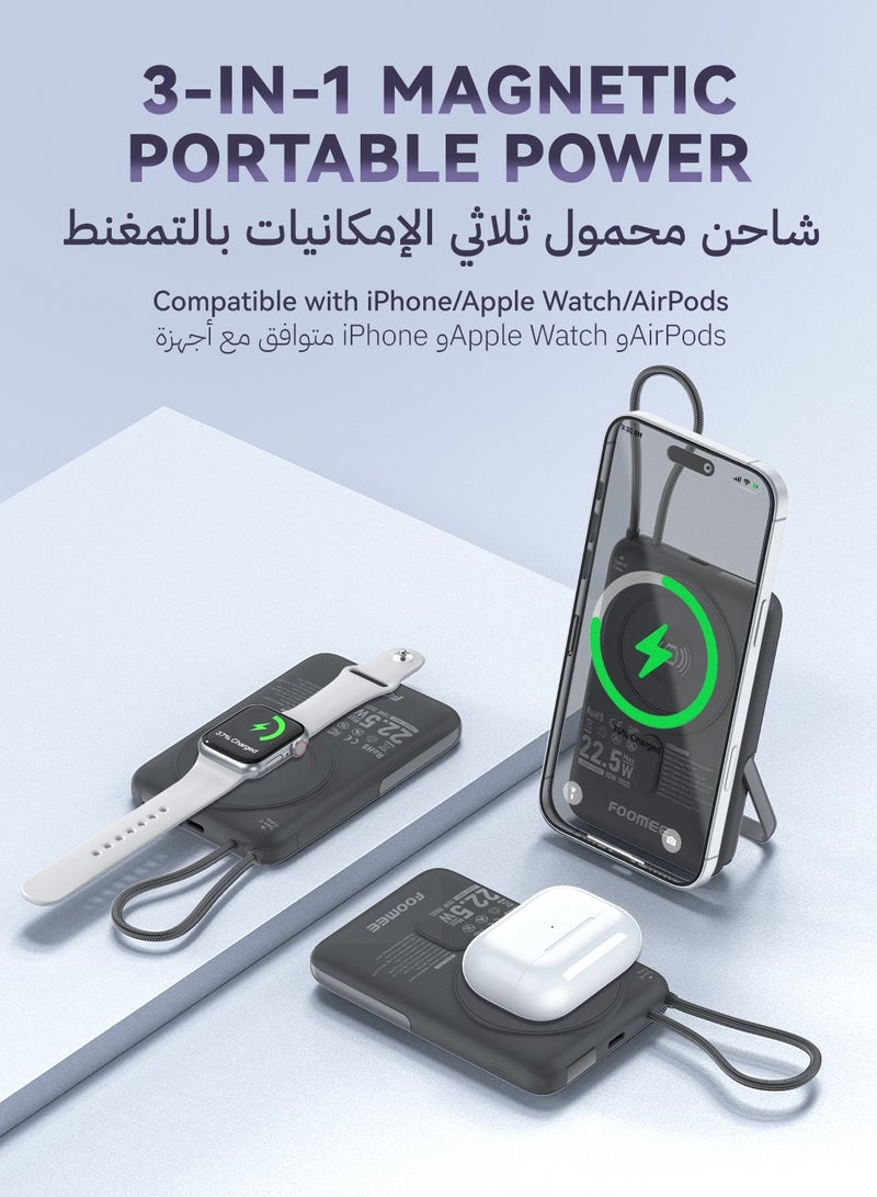 FOOMEE 10,000 mAh Magnetic Wireless Portable Power Bank for iPhone with Stand, LED Display,with USB-C Integrated Cable,15W Magnetic Wireless Fast Charging, Compatible with iPhone 17promax/16pro/16/15/14/13/12 Series, Samsung, and Xiaomi - Image 5