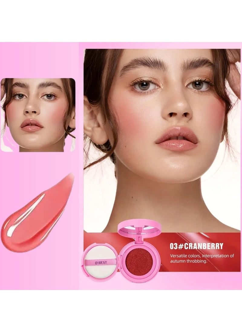 QiBest Nice Cushion Blusher Shimmer Face Highly Pigmented Blush Makeup Long Lasting and Lightweight Loose Powder Blush Air Cushion Blush Natural Blusher for Cheeks #03 Cranberry - Image 3