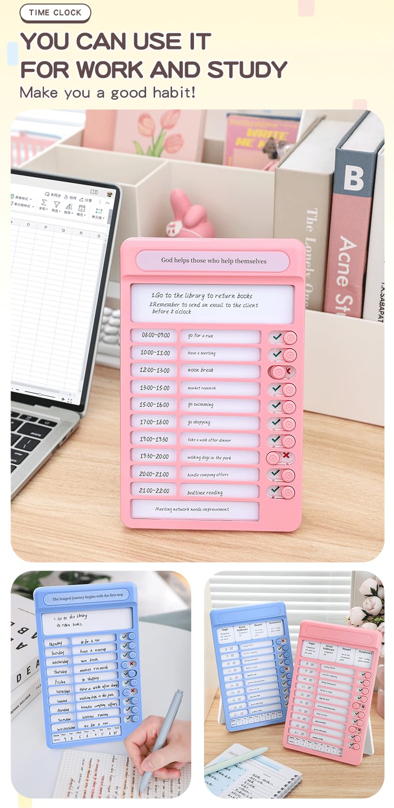 ZIVIK Habit Tracker Daily Planner Board for Kids & Adults | Reusable To-Do List Chore Chart with 15 Detachable Cards, Weekly Record & Motivation Paper | Plastic Checklist Routine Planner (Pink) - Image 2