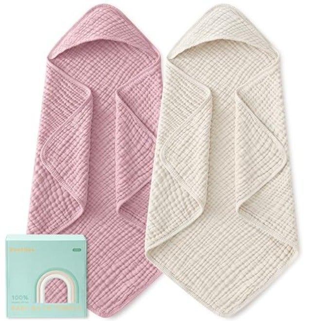 Yoofoss Hooded Baby Bath Towels 2 Pack - 100% Muslin Organic Cotton, Soft & Absorbent for Newborn, Babies, Toddlers, 32x32 Inch, Beige & Coffee