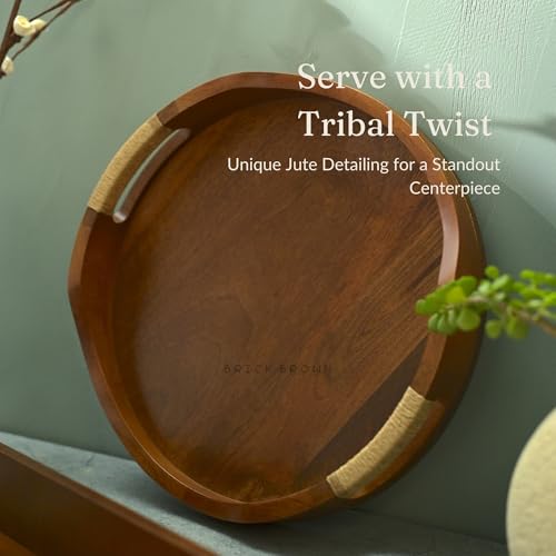 Brick Brown® Handcrafted Premium Tribal Curvy Wooden Round Serving Tray in Walnut Tray for Breakfast Serving Trays Dining Table Home Decoration Wooden Tray Handmade Multipurpose Serving Tray(14.5x10") - Image 2