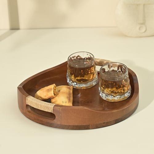 Brick Brown® Handcrafted Premium Tribal Curvy Wooden Round Serving Tray in Walnut Tray for Breakfast Serving Trays Dining Table Home Decoration Wooden Tray Handmade Multipurpose Serving Tray(14.5x10") - Image 1