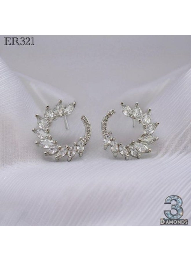 3Diamonds Platinum & Rhodium Plated Half Hoop Earrings with Cubic Zirconia Leaf Design - Image 1