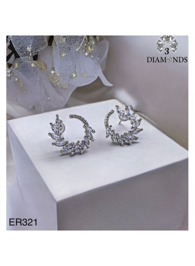 3Diamonds Platinum & Rhodium Plated Half Hoop Earrings with Cubic Zirconia Leaf Design - Image 2