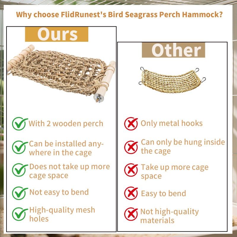 FlidRunest Conure Ladder Perch for Cage, Bird Seagrass Ladder Bridge Exercise Stands, Natural Hand-Woven Parrot Net Climbing Chewing Hammock, Cage Accessories for Lovebird Conure Budgie Parakeet - Image 2