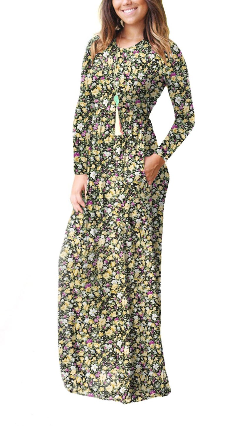 GRECERELLE Women Long Sleeve Casual Round Neck Loose Floral Maxi Long Dress with Pockets, Black Yellow, L - Image 1