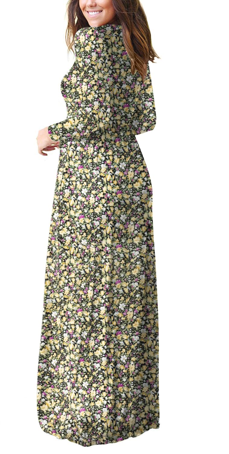 GRECERELLE Women Long Sleeve Casual Round Neck Loose Floral Maxi Long Dress with Pockets, Black Yellow, L - Image 2