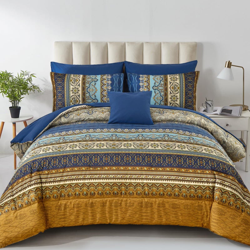 Cottolester Boho Comforter Set California King Size 8 Pieces,Brown Blue Bohemian Comforter Paisley Striped Bed in A Bag,Soft Microfiber Bedding Set for All Season - Image 1