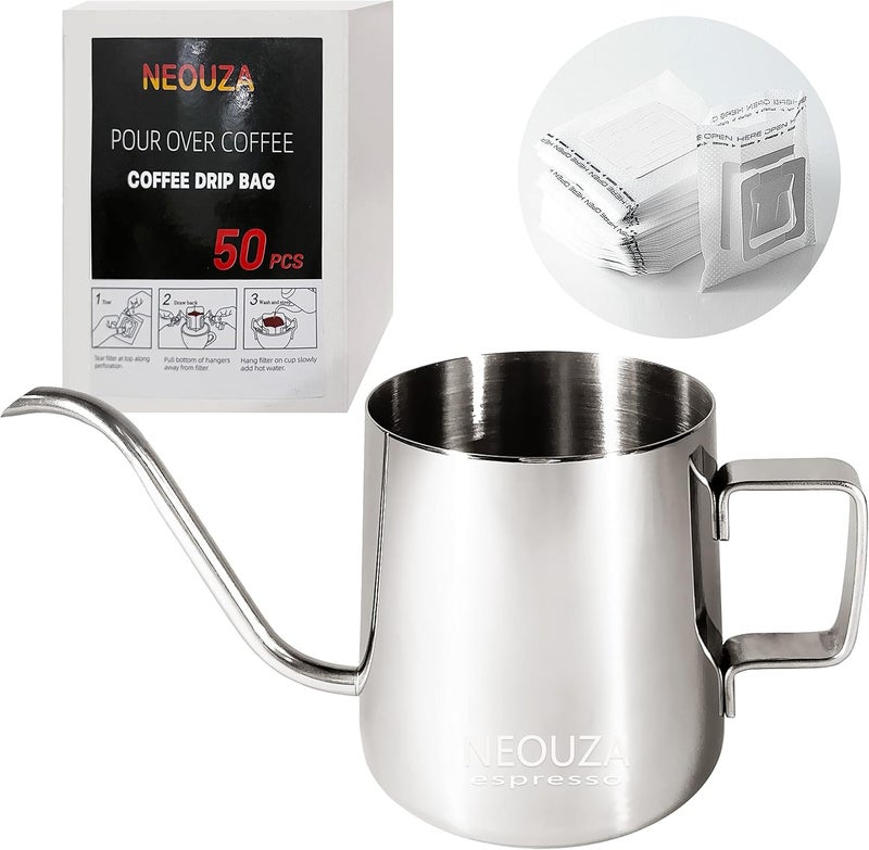 NEOUZA Pour Over Coffee Kettle, Gooseneck Kettle Drip Coffee Maker Kettle Stainless Steel(Silver Kettle and 50pcs Bag, 250mL) - Image 1