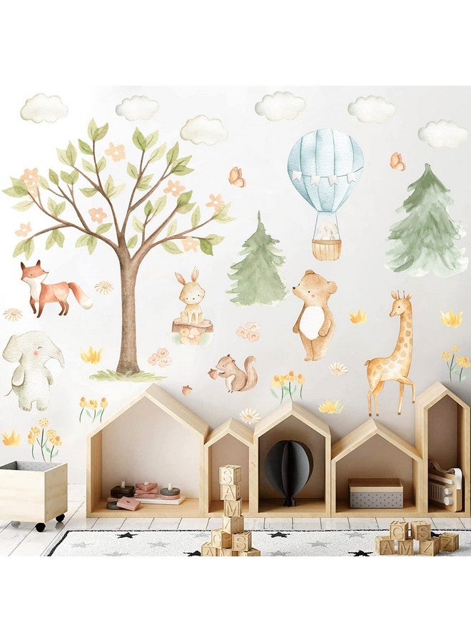 kokolap Watercolor Tree Animal Wall Stickers Forest Animals Wall Sticker Baby Room Decor Woodland Nursery Murals Decals Peel and Stick Cartoon Hot Air Balloon Animals Vinyl Decal for Kids Room Playroom Decor - Image 1