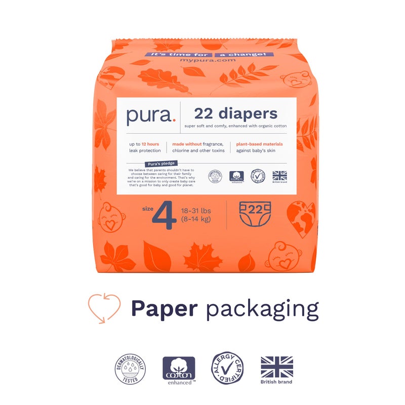 Pura Size 4 Eco-Friendly Diapers (18-31lbs) Totally Chlorine Free (TCF) Hypoallergenic, Soft Organic Cotton, Sustainable Comfort, up to 12 Hours Leak Protection, Allergy UK, 22 Diapers (Pack of 1) - Image 2