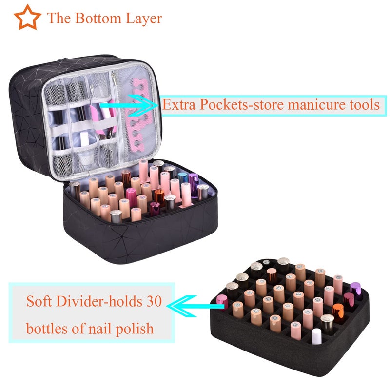 CTWWFS PU Leather Nail Polish Organizer and Nail Lamp Case, Nail Kit Organizer Holds 30+ Bottles (15ml - 0.5 fl.oz) and a Nail Lamp, Nail Polish Carrying Case with Manicure Tools Storage Sections - Image 5