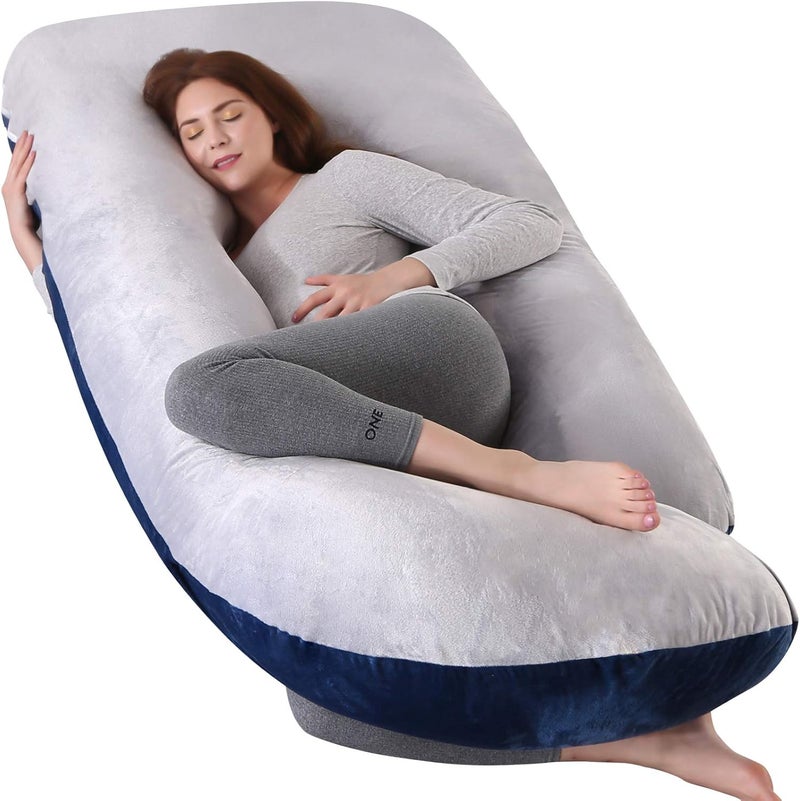 Elover Pregnancy Must Haves Pregnancy Pillow U,Shaped Full Body Maternity Support Pillow for Pregnant Women with Replaceable and Washable Velvet Cover Size 57inches, Blue,Grey, Velvet - Image 1