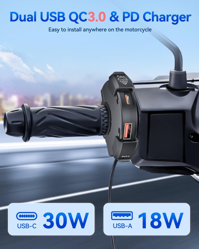 EXTRACTME Motorcycle Phone Charger, Ultra-Narrow Dual USB Type C 30W PD & Quick Charge 3.0 Motorcycle USB Charger, Waterproof Motorcycle USB Port for Phone, Tablet, GPS (Only 0.51 in Wide), Black - Image 2