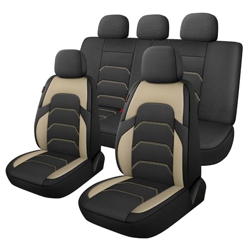 CAROMOP 3D Air Mesh Car Seat Covers Full Set,Breathable Seat Covers for Cars,Split Bench Compatible,Universal Fit for SUV,Vans,sedans, Trucks, Automotive Interior Covers(5-Seat Black/Beige) - Image 1