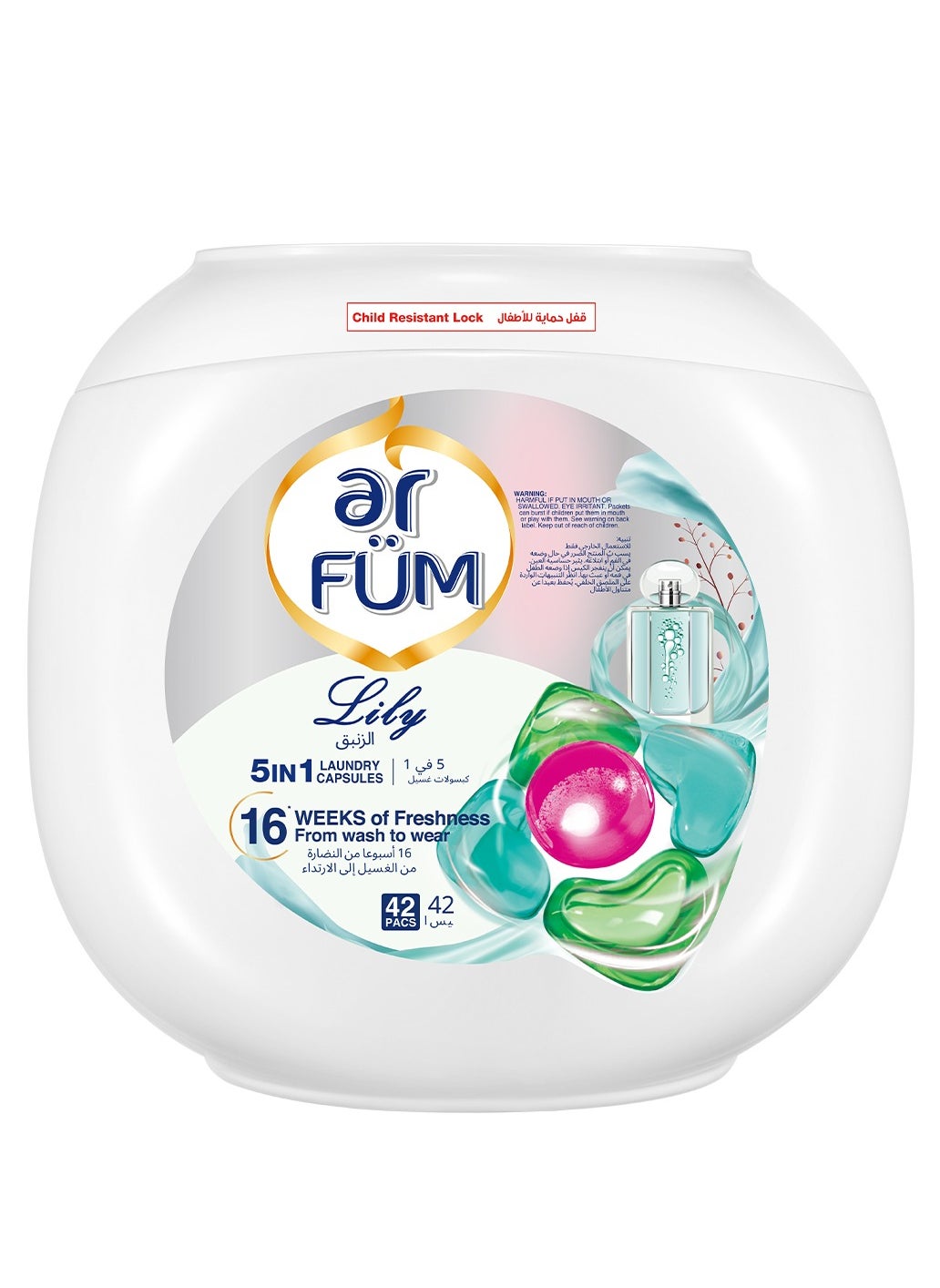 ar FUM ArFum PODS, 5-in-1 Laundry Detergent Capsules with Scent Booster, Detergent Concentrate, Softener, Color Protect, Powerful Stain Remover in 1 capsule, 16 Weeks Long-Lasting Fragrance, 42 Pods, Lily 