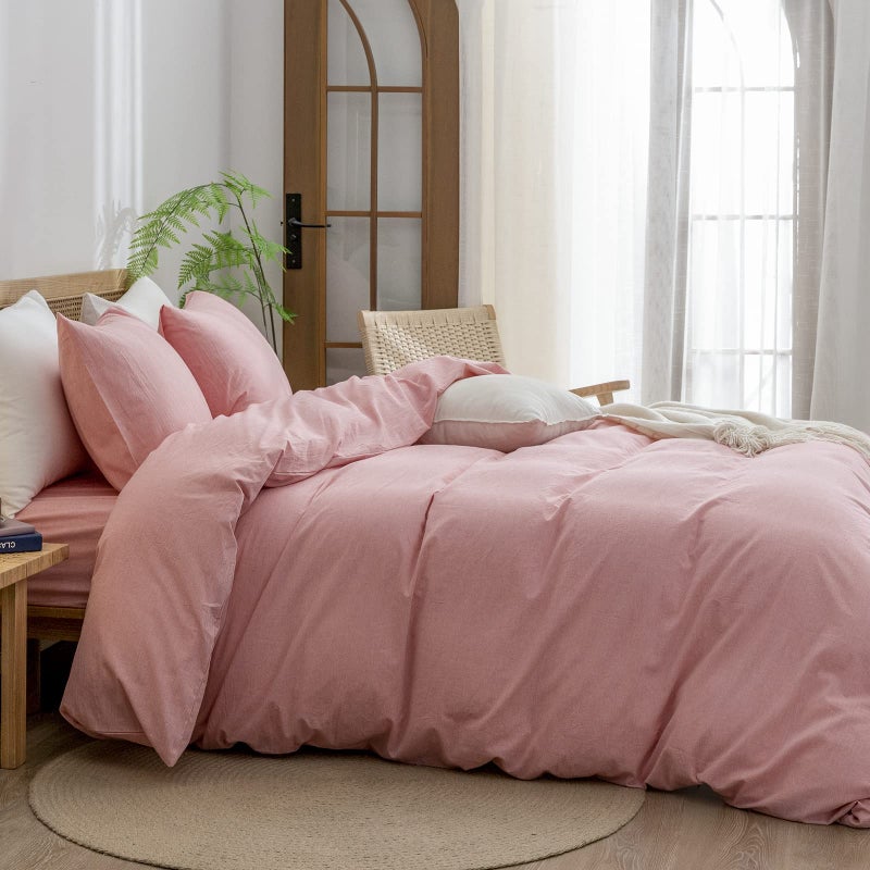 BESTOUCH Duvet Cover Set 100% Washed Cotton Linen Feel Super Soft Comfortable Chic Lightweight 2 PCs Home Bedding Set Solid Red Pink Twin/Twin XL - Image 3