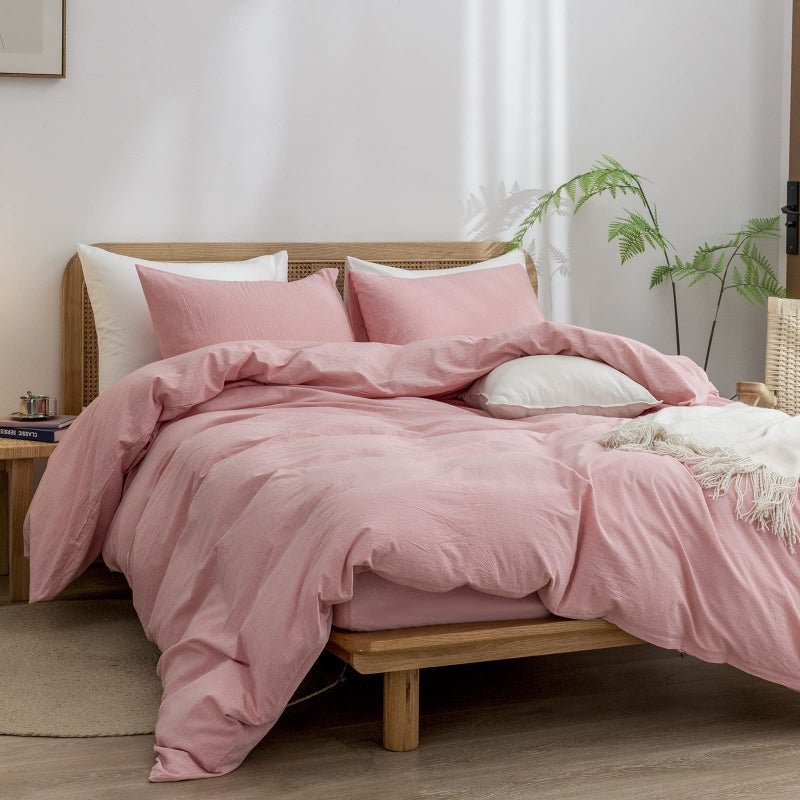 BESTOUCH Duvet Cover Set 100% Washed Cotton Linen Feel Super Soft Comfortable Chic Lightweight 2 PCs Home Bedding Set Solid Red Pink Twin/Twin XL - Image 4
