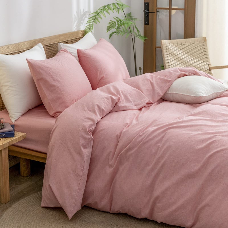 BESTOUCH Duvet Cover Set 100% Washed Cotton Linen Feel Super Soft Comfortable Chic Lightweight 2 PCs Home Bedding Set Solid Red Pink Twin/Twin XL - Image 2