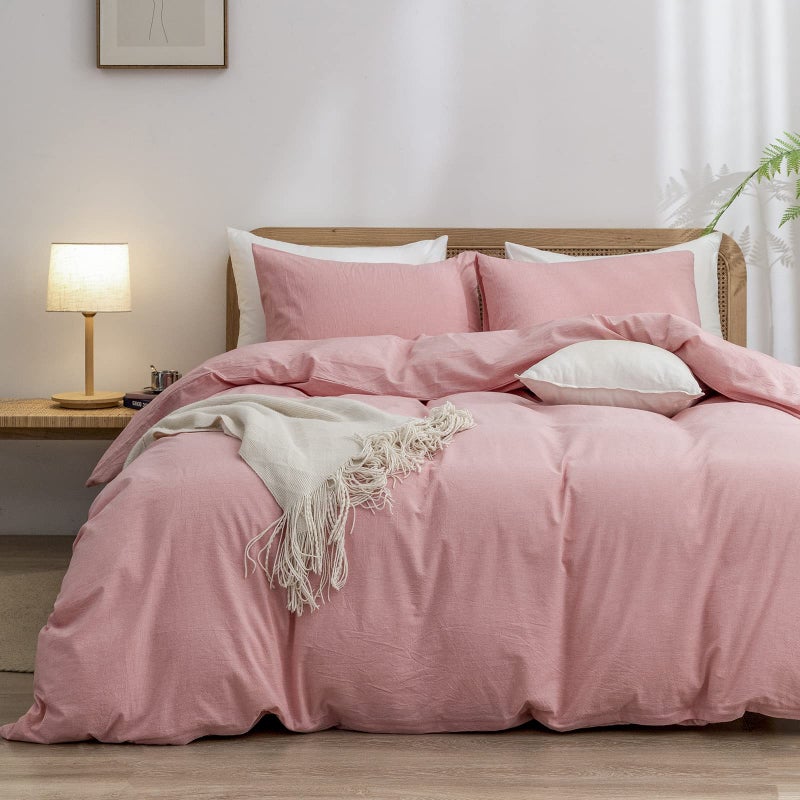 BESTOUCH Duvet Cover Set 100% Washed Cotton Linen Feel Super Soft Comfortable Chic Lightweight 2 PCs Home Bedding Set Solid Red Pink Twin/Twin XL - Image 1