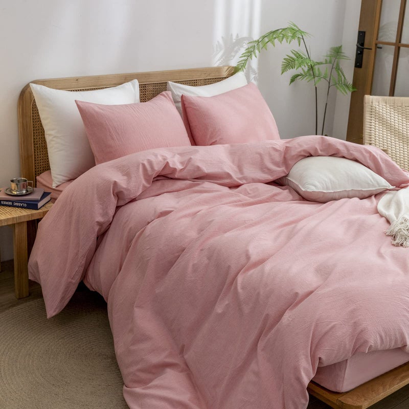BESTOUCH Duvet Cover Set 100% Washed Cotton Linen Feel Super Soft Comfortable Chic Lightweight 2 PCs Home Bedding Set Solid Red Pink Twin/Twin XL - Image 5