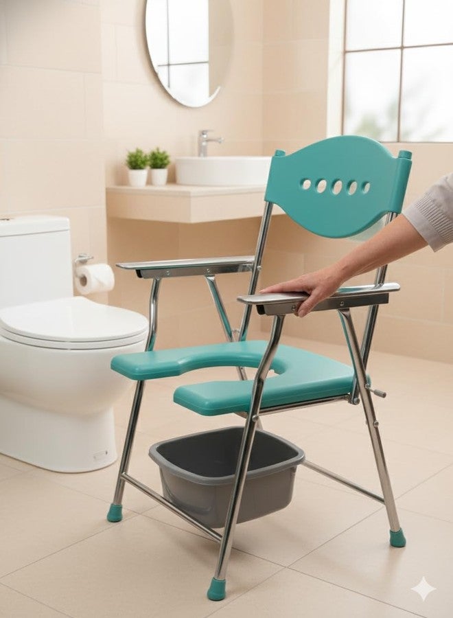 JABAL Premium Sea Green Folding Commode Chair with Backrest & Arm Support | Heavy-Duty Steel Frame, Over Toilet & Bedside Use | Comfortable Seat for Elderly, Disabled & Pregnant Women - Image 5