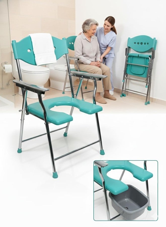 JABAL Premium Sea Green Folding Commode Chair with Backrest & Arm Support | Heavy-Duty Steel Frame, Over Toilet & Bedside Use | Comfortable Seat for Elderly, Disabled & Pregnant Women - Image 3
