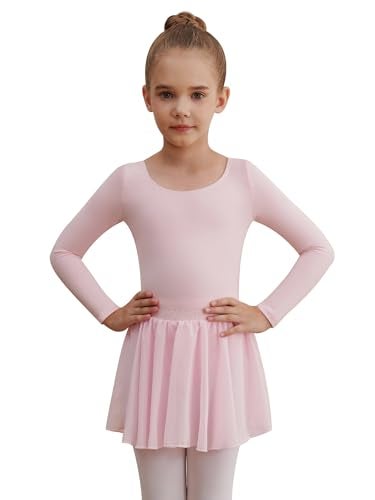 WEGETIT Long Sleeve Girls Leotard Gymnastics Leotards for Girls Ballet Dance Dresses with Skirt (Pink,4-6 Years) - Image 1
