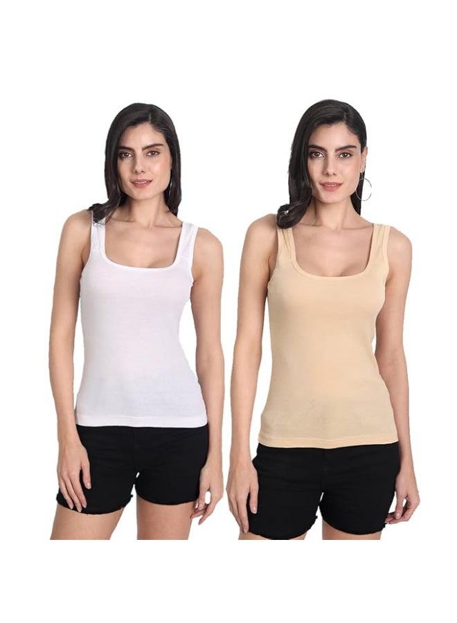 Aimly Women's Cotton Sleeveless Beige & White Camisole Slip Spaghetti Pack of 2 in Beige & White Color - Image 1