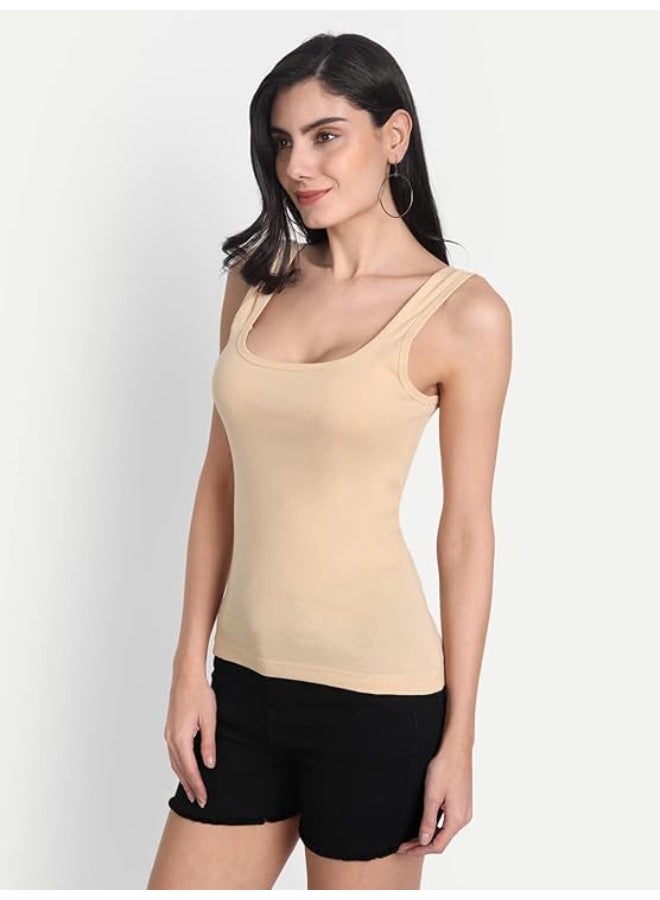 Aimly Women's Cotton Sleeveless Beige & White Camisole Slip Spaghetti Pack of 2 in Beige & White Color - Image 4