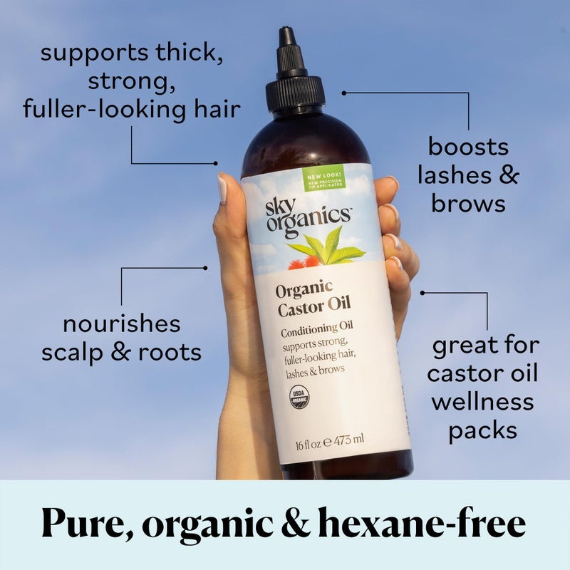 Sky Organics Organic Castor Oil, 100% Pure, Hexane Free, Cold-Pressed to Support Stronger, Fuller-Looking Hair, Eyelashes & Eyebrows,Good for Castor Packs, Navel Oiling, Carrier Oil Use, 16 fl oz - Image 3