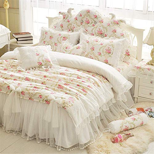 LELVA Girls Bedding Set Lace Ruffle Duvet Cover Sets with Bed Skirt Princess Bedding Set Vintage Floral Print Duvet Cover Twin Size 4 Piece (Full, White) - Image 1