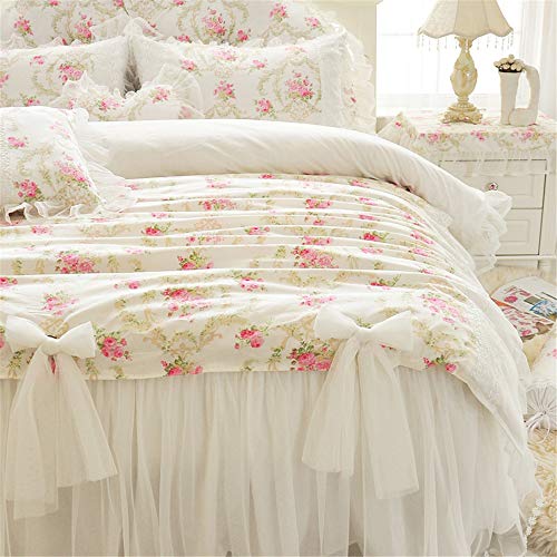 LELVA Girls Bedding Set Lace Ruffle Duvet Cover Sets with Bed Skirt Princess Bedding Set Vintage Floral Print Duvet Cover Twin Size 4 Piece (Full, White) - Image 4