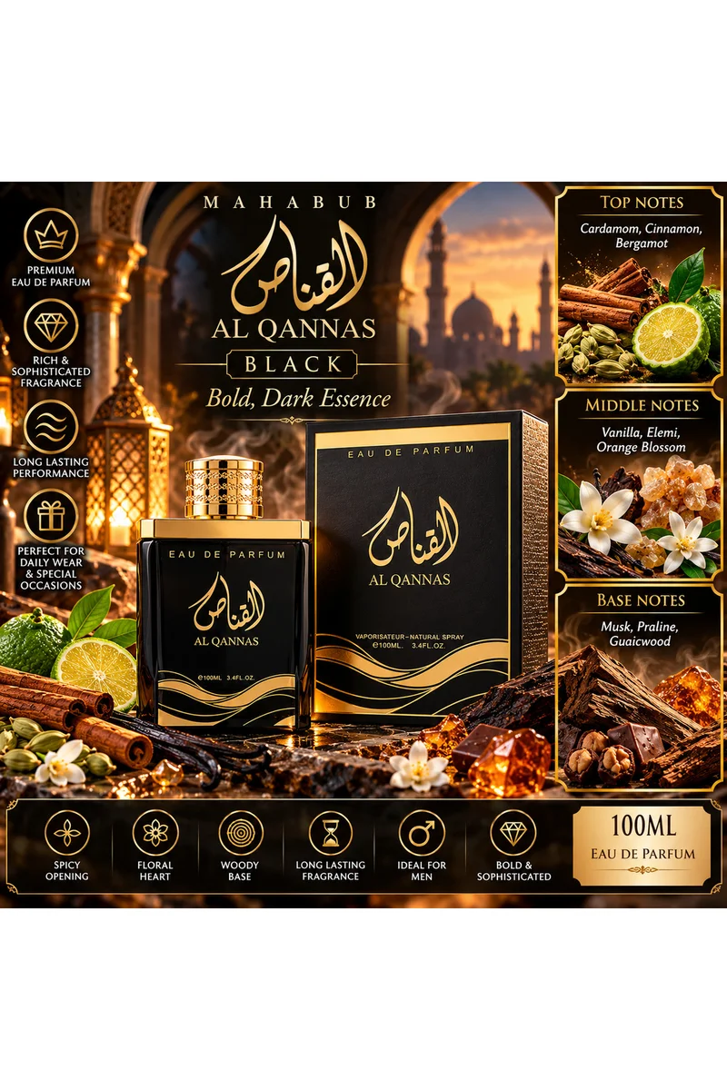 محبوب للعطور Al Qannas Black Eau De Parfum 100ml | Bold Spicy, Floral & Woody Fragrance