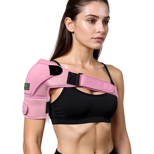 HANNEA Silicone Shoulder Brace For Women, Shoulder Compression Sleeve For Torn Rotator Cuff, AC Joint Pain Relief, Dislocated Sholder, Adjustable Fits Left And Right Arm, Pink - Image 1