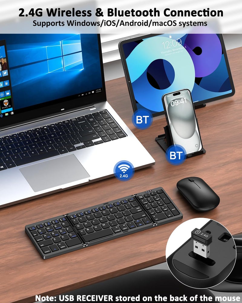 ULSOU Foldable Keyboard and Mouse, Folding Wireless Keyboard Mouse Combo with Portable Case, Rechargeable 2.4G Wireless+Bluetooth Multi-Device Combo for Windows, iOS, Android, macOS PC/Laptop/Tablet - Image 2