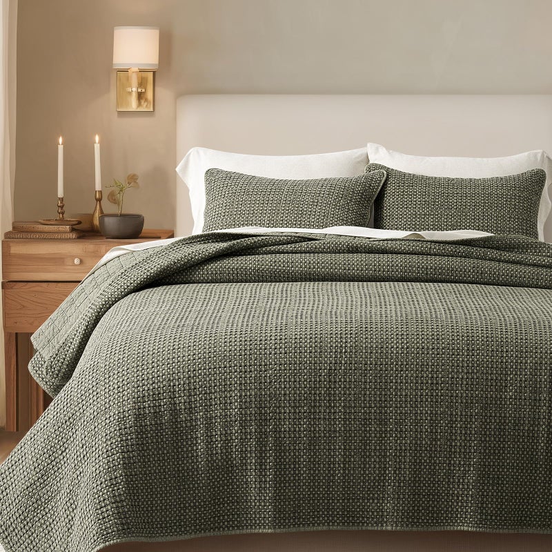 EverGrace Stonewashed 100% Natural Cotton Waffle Quilt Set Queen Size 3 Pieces, Durable, Textured & Substantial Bedding, Quilted Coverlet Bedspread with 2 Shams for All Seasons, Olive Green - Image 1