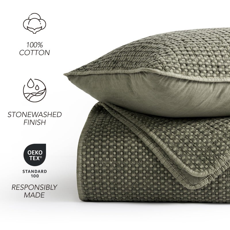 EverGrace Stonewashed 100% Natural Cotton Waffle Quilt Set Queen Size 3 Pieces, Durable, Textured & Substantial Bedding, Quilted Coverlet Bedspread with 2 Shams for All Seasons, Olive Green - Image 5
