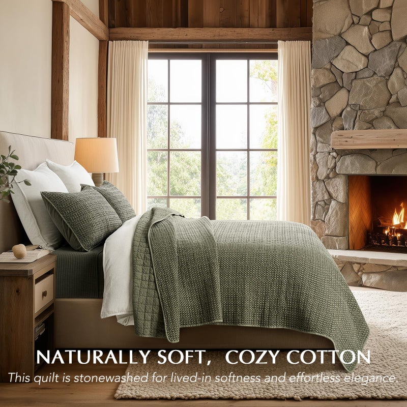 EverGrace Stonewashed 100% Natural Cotton Waffle Quilt Set Queen Size 3 Pieces, Durable, Textured & Substantial Bedding, Quilted Coverlet Bedspread with 2 Shams for All Seasons, Olive Green - Image 2