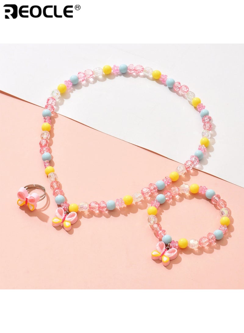 ريوكل 3 قطع من مجموعة مجوهرات الأطفال بتصميم فراشة عقد خرز وسوار وخاتم إكسسوارات للارتداء اليومي العارض مجموعة إكسسوارات مرحة - Image 1