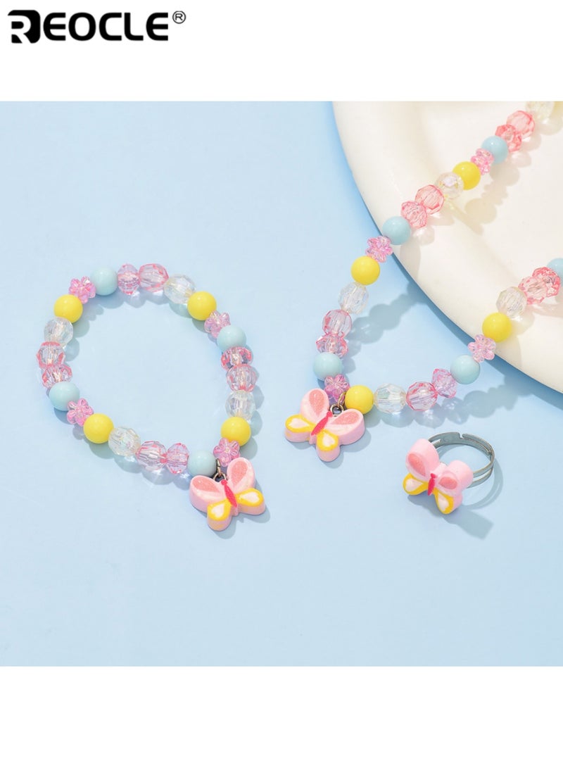 ريوكل 3 قطع من مجموعة مجوهرات الأطفال بتصميم فراشة عقد خرز وسوار وخاتم إكسسوارات للارتداء اليومي العارض مجموعة إكسسوارات مرحة - Image 5
