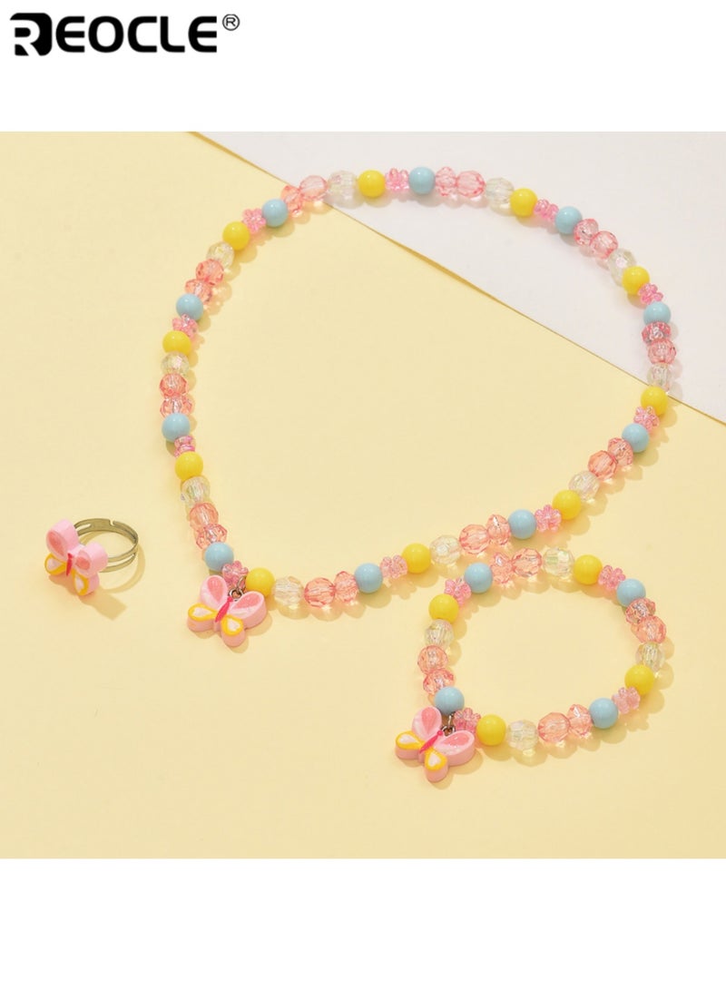 ريوكل 3 قطع من مجموعة مجوهرات الأطفال بتصميم فراشة عقد خرز وسوار وخاتم إكسسوارات للارتداء اليومي العارض مجموعة إكسسوارات مرحة - Image 4