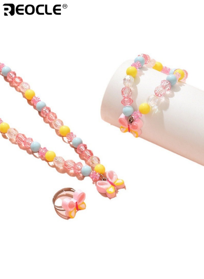 ريوكل 3 قطع من مجموعة مجوهرات الأطفال بتصميم فراشة عقد خرز وسوار وخاتم إكسسوارات للارتداء اليومي العارض مجموعة إكسسوارات مرحة - Image 2