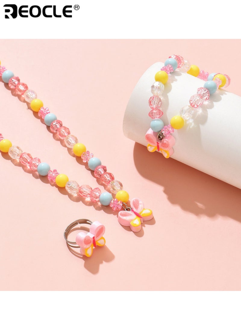 ريوكل 3 قطع من مجموعة مجوهرات الأطفال بتصميم فراشة عقد خرز وسوار وخاتم إكسسوارات للارتداء اليومي العارض مجموعة إكسسوارات مرحة - Image 3