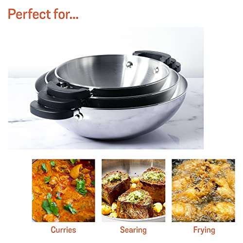 Meyer Kitchen Hacks 3 Piece Nickel Free Stainless Steel Kadai Set | Stainless Steel Cookware Set | Steel Wok, Kadhai Set Combo Offer | Induction Cookware Set for Kitchen, Grey - Image 3