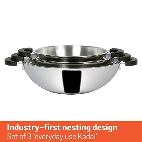 Meyer Kitchen Hacks 3 Piece Nickel Free Stainless Steel Kadai Set | Stainless Steel Cookware Set | Steel Wok, Kadhai Set Combo Offer | Induction Cookware Set for Kitchen, Grey - Image 5