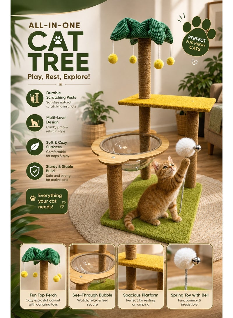 Modern Cat Tree with Acrylic Bubble Bed, Sisal Scratching Posts, Palm Tree Top & Interactive Spring Toy – 84 cm - Image 1