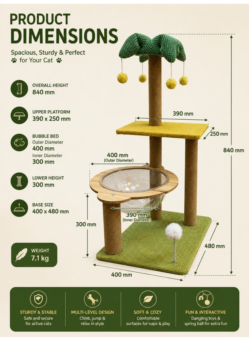 Modern Cat Tree with Acrylic Bubble Bed, Sisal Scratching Posts, Palm Tree Top & Interactive Spring Toy – 84 cm - Image 2