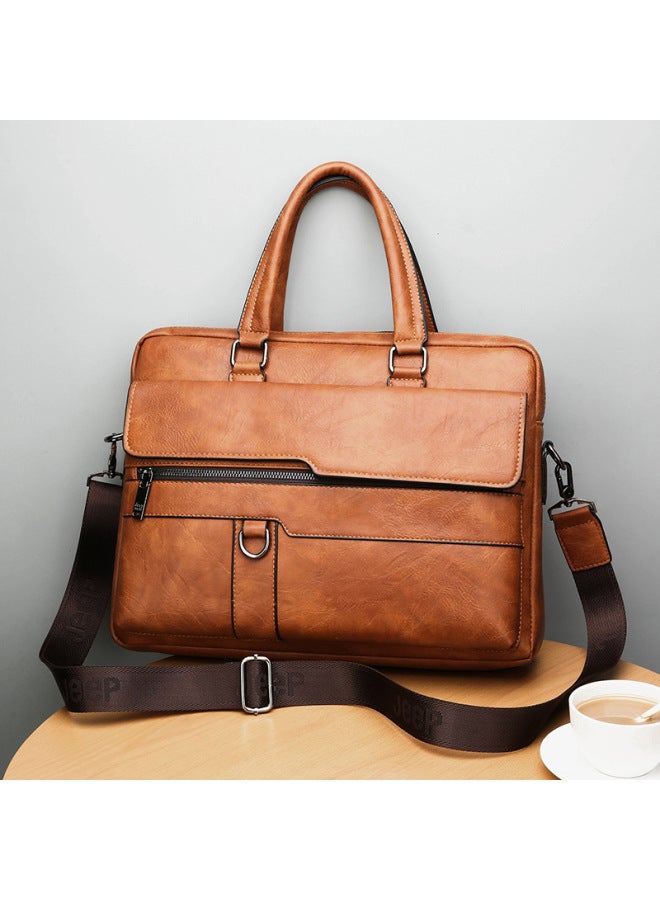 Men's Business Casual Computer Crossbody Office Handbag Leather Document Bag For Work Travel Single Shoulder Bag-Color:No Standard Khaki  - Image 1